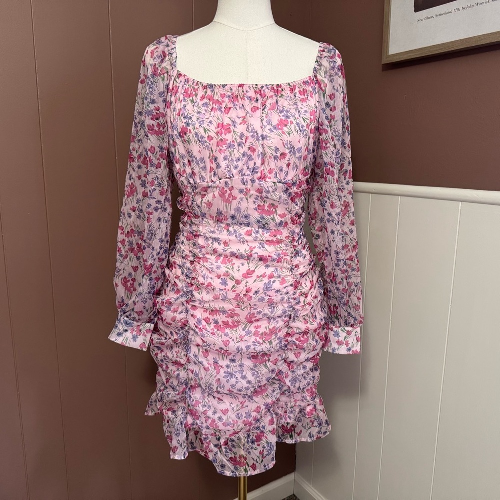NWT Eilly Bazaar Pink Floral Ruched Dress